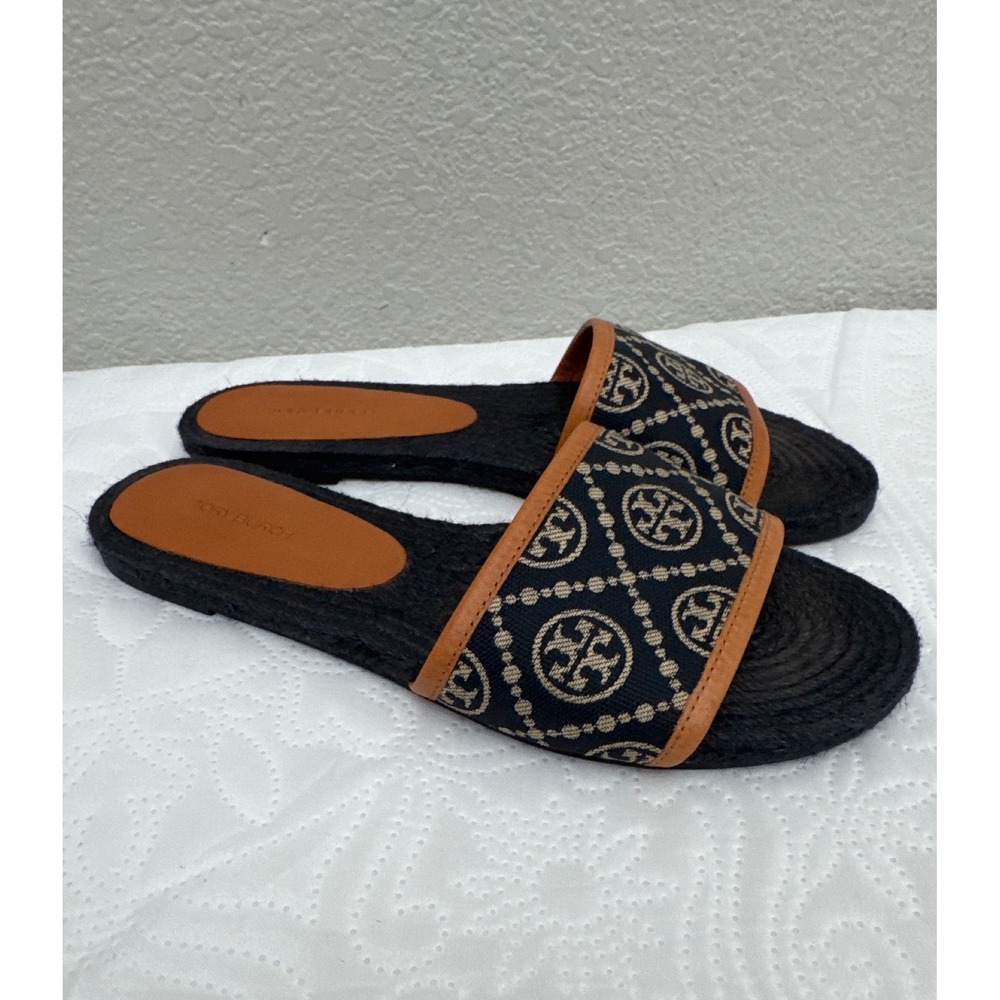 Tory Burch T Monogram Espadrille Slide Navy Blue Leather Trim Sandals Size 8